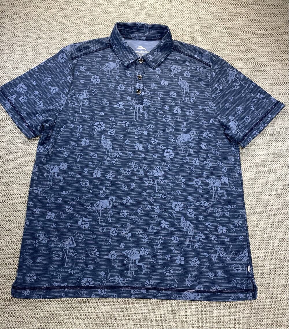 Tommy Bahama Mens Polo Shirt Medium M Blue Floral Flamingo All Over Print Casual